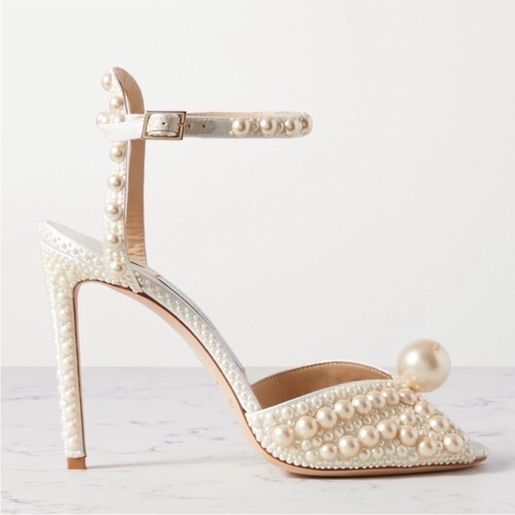 Jimmy Choo Shoes - Like New Jimmy Choo Sacora 100 White Satin Sandals with All Over Pearls 38